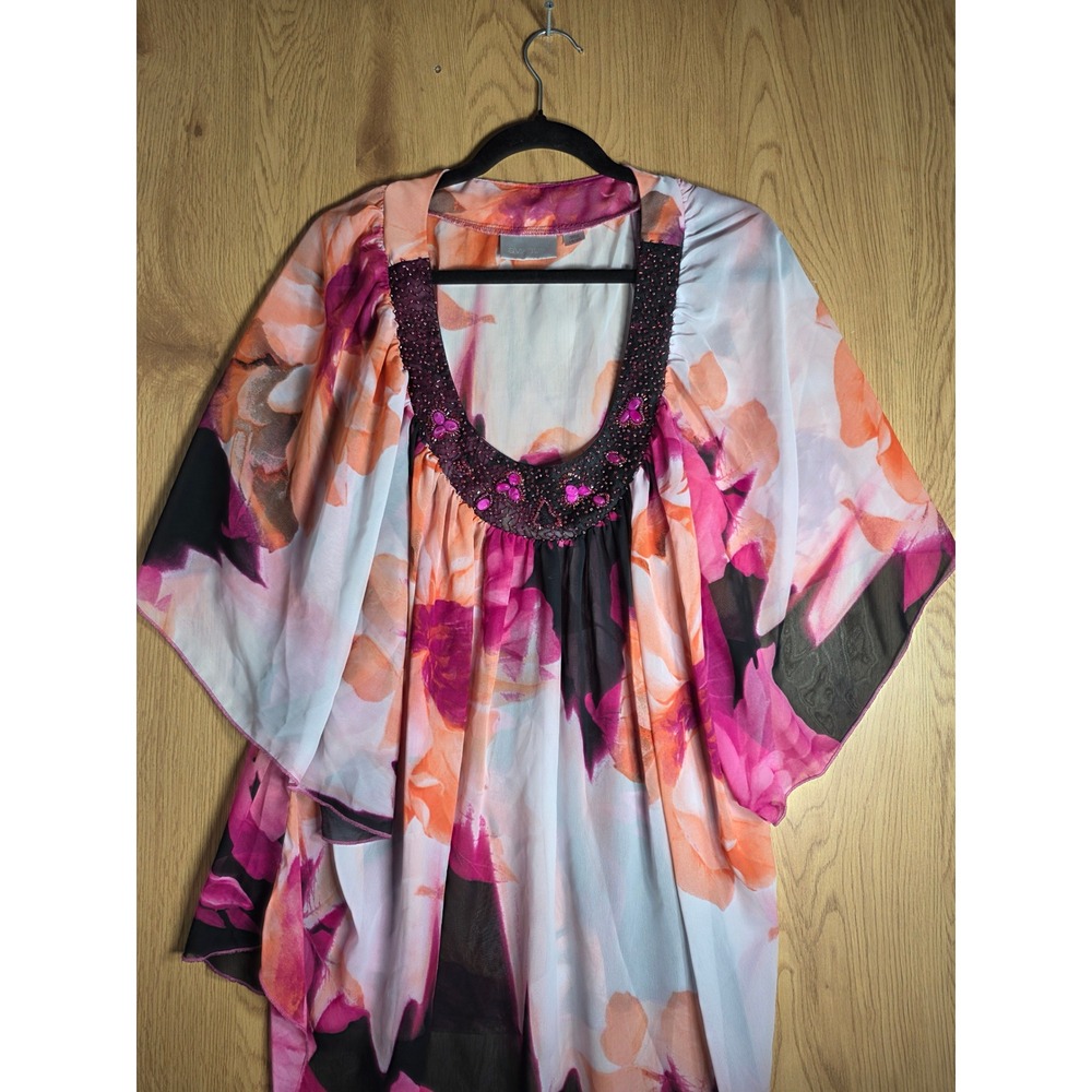 Avenue Womens Tunic Top 18/20 Pink Floral Beaded Neck High Low Chiffon Sheer